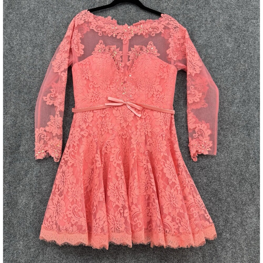 Forever Unique Lace Sequence Dress Coral Pink Size 12 Fit & Flare Formal Party